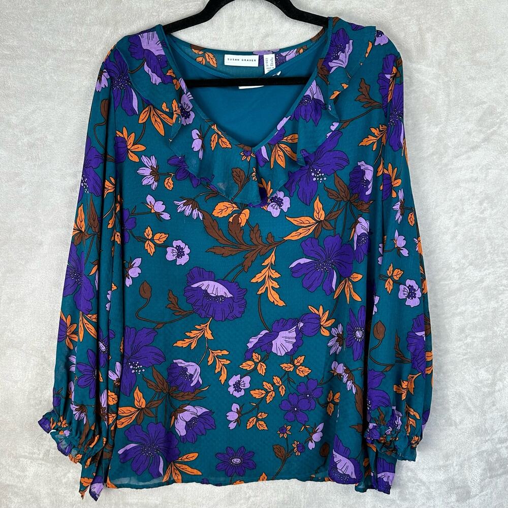 Susan Graver Top Women 1X Green Floral Ruffle V Neck 2 Piece Set Career Preppy